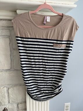 Striped Cap-Sleeve Top with White & Navy Stripes with Beige Top